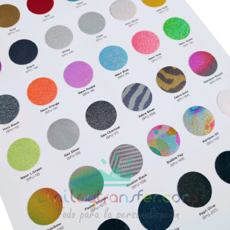 Muestrario de colores del Vinilo textil Daeha Premium Shimmer glitter soft